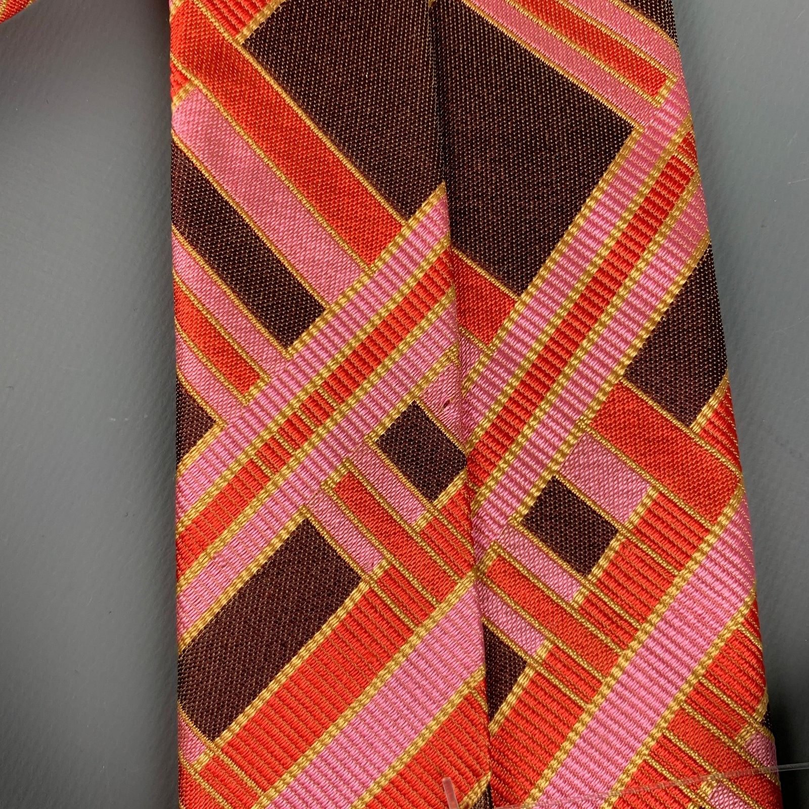 Other NO BRAND Brown Pink Orange Plaid Silk Tie Size ONE SIZE - 4 Thumbnail