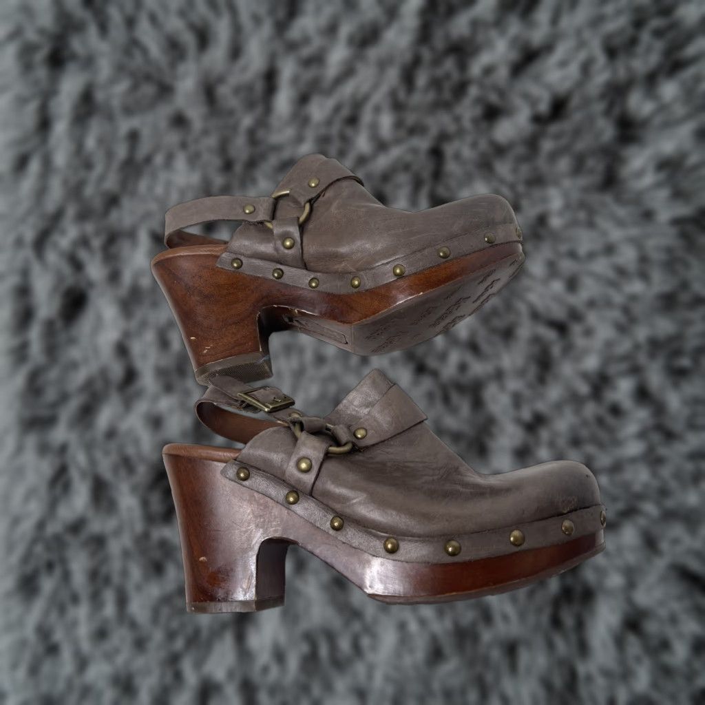 Womens Kork-Ease Deba Gray Leather Studded Clogs Slingback Wood