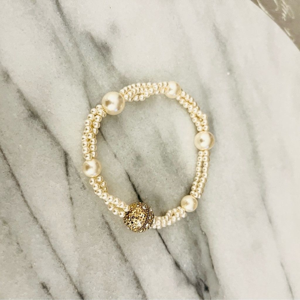 Vintage Vintage Faux Pearl Beaded Bracelet Ornate Gold Pave Crystal Size ONE SIZE - 7 Thumbnail