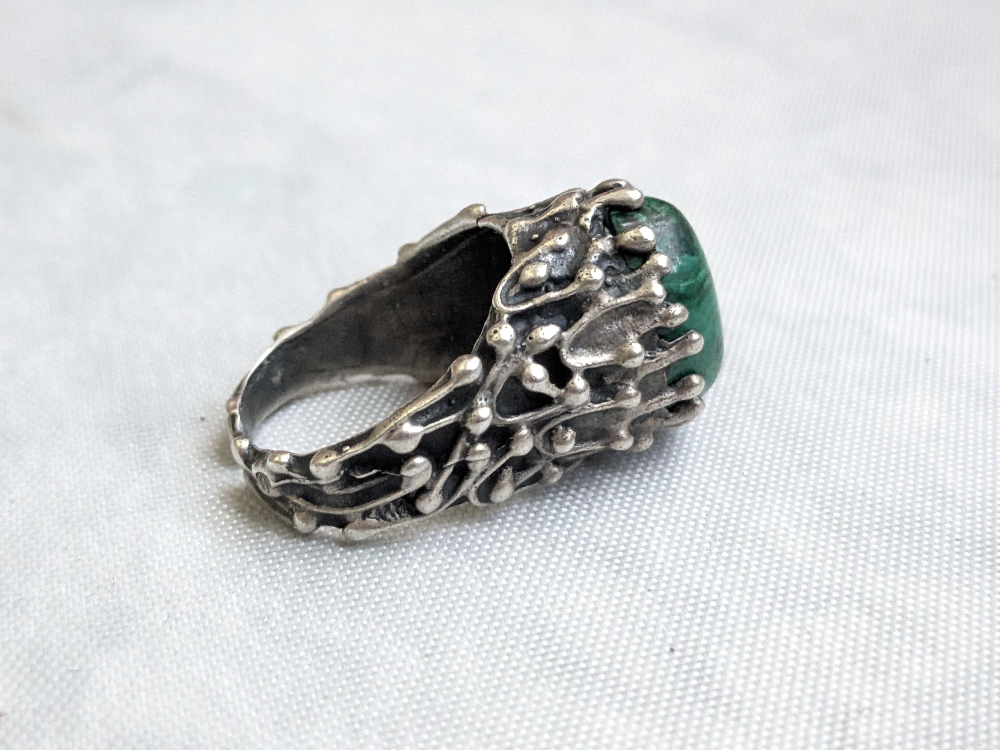 Jewelry Vintage Sterling Silver Ring Malachite 9 Brutalist Avant Size ONE SIZE - 7 Thumbnail