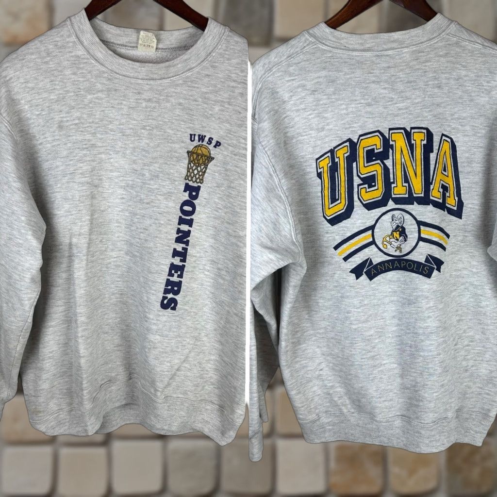 Velva Sheen VINTAGE UWSP Pointers USNA Annapolis Sweater XL Adult Gray Made USA Double Sided 70s 80s Mens Size US XL / EU 56 / 4 - 1 Thumbnail
