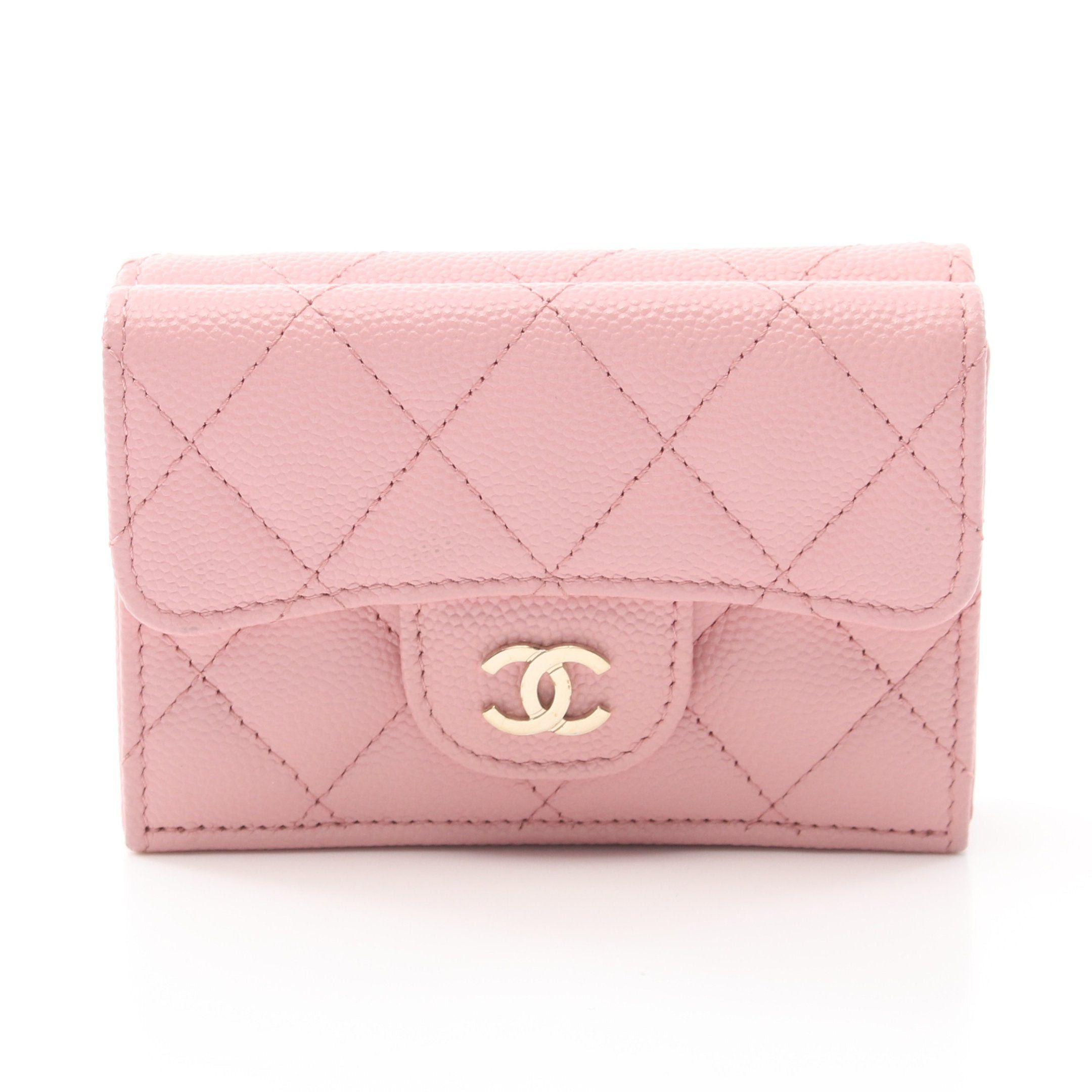 Chanel Classic Small Flap Wallet Matelasse Trifold Compact Caviar Skin Pink Gold Hardware