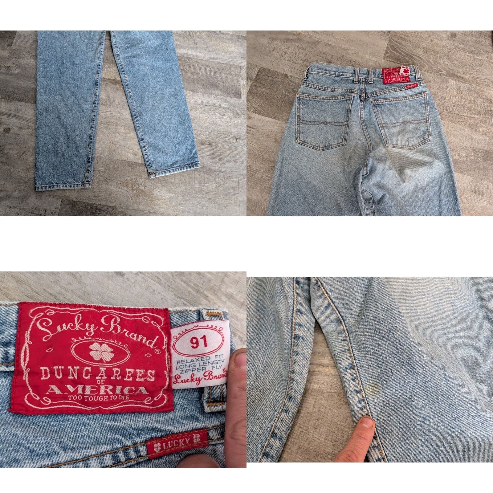 Lucky Brand VINTAGE Lucky Brand Dungarees Jeans Mens 31x34 USA Made 91 Light Wash Denim Relaxed Tapered 5-Pocket Size US 31 - 9 Thumbnail