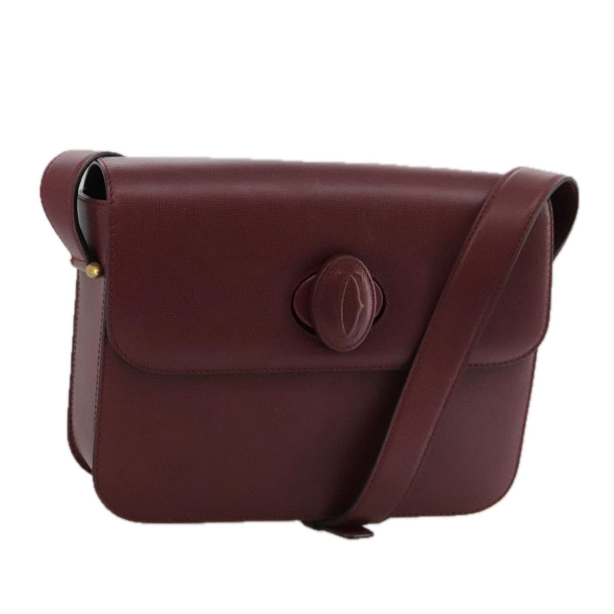CARTIER Must Line Shoulder Bag Leather Bordeaux Gold Auth ki5230