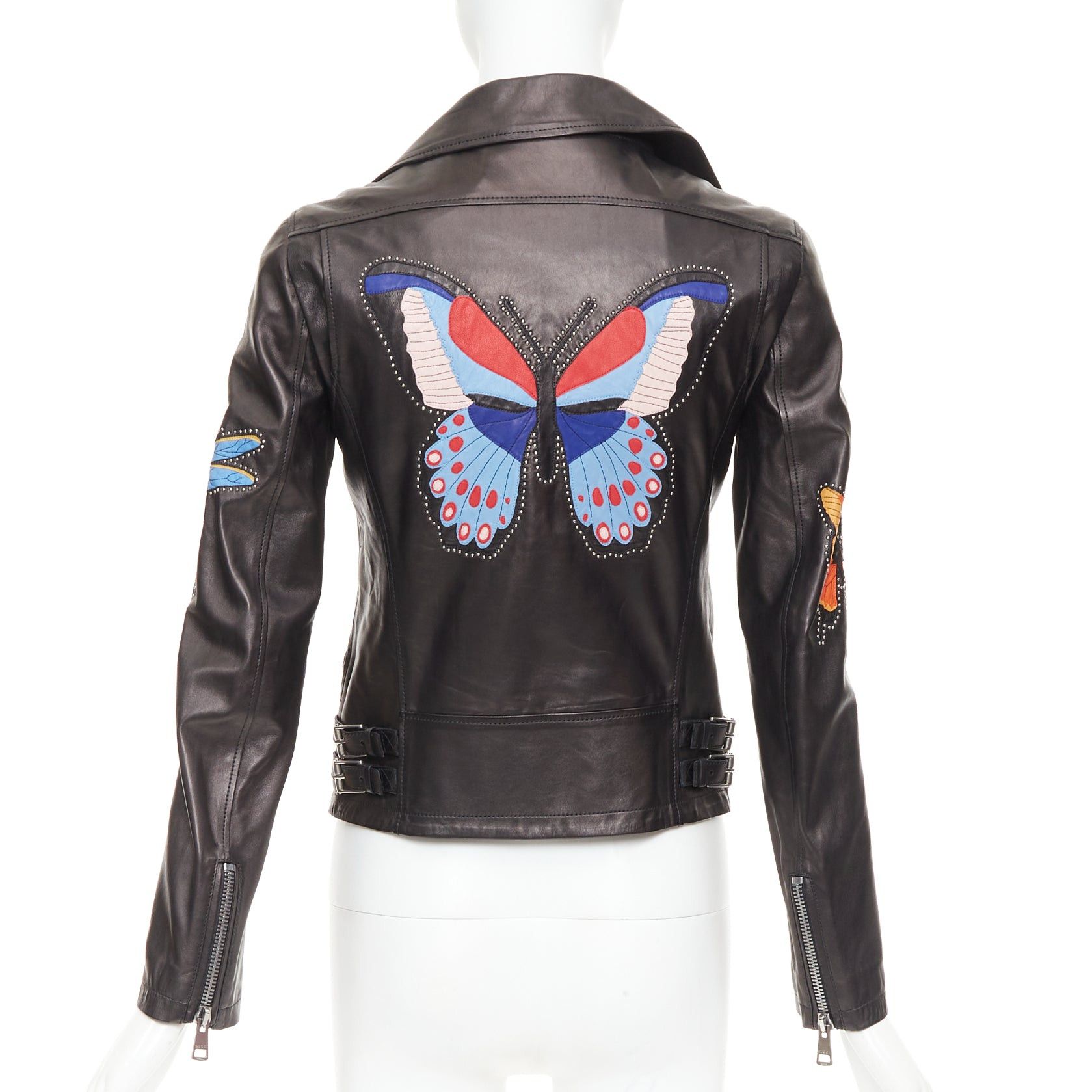 Gucci GUCCI Michele black leather tropical bird butterfly applique studded biker jacket IT38 XS Size XS / US 0-2 / IT 36-38 - 1 Thumbnail