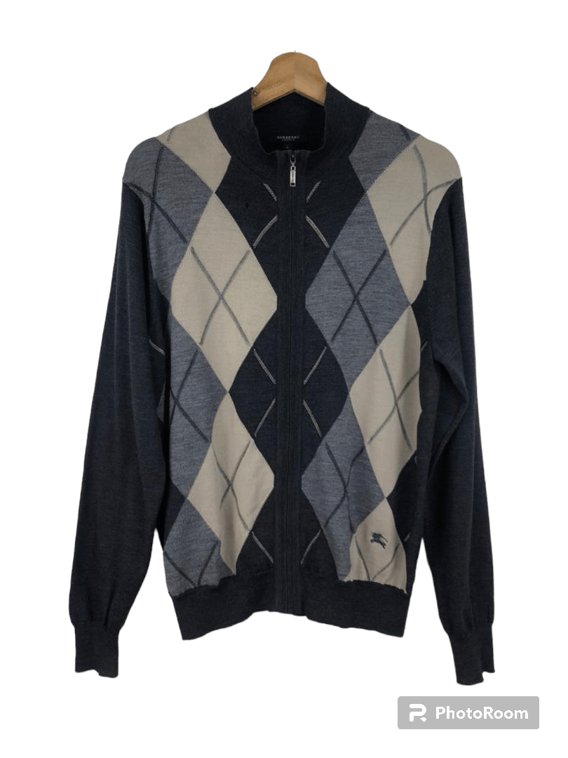 Vintage Burberry London Zipper Knit Sweater Diamond Pattern