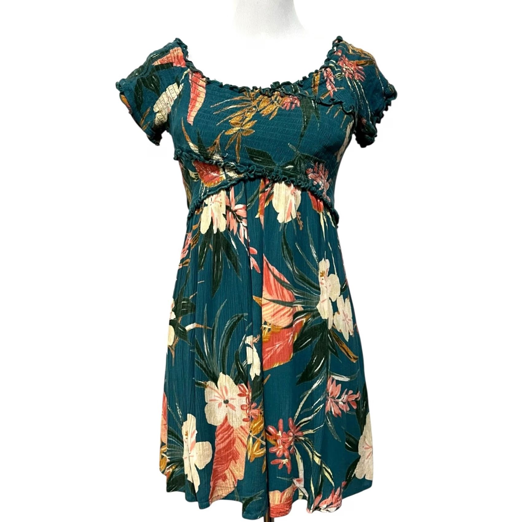 Vintage Patrons of Peace Dress Floral Mini Tropical Green Short Sleeve Smocked Sz Large Size 36" / US 14 / IT 50 - 2 Thumbnail
