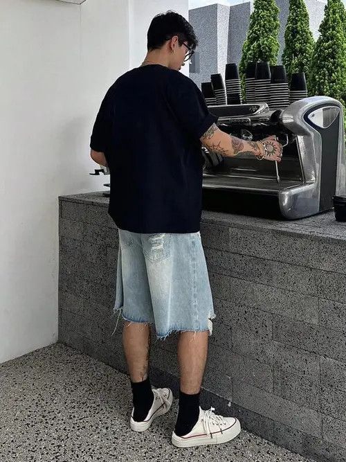 Washed drip denim shorts jorts distressed