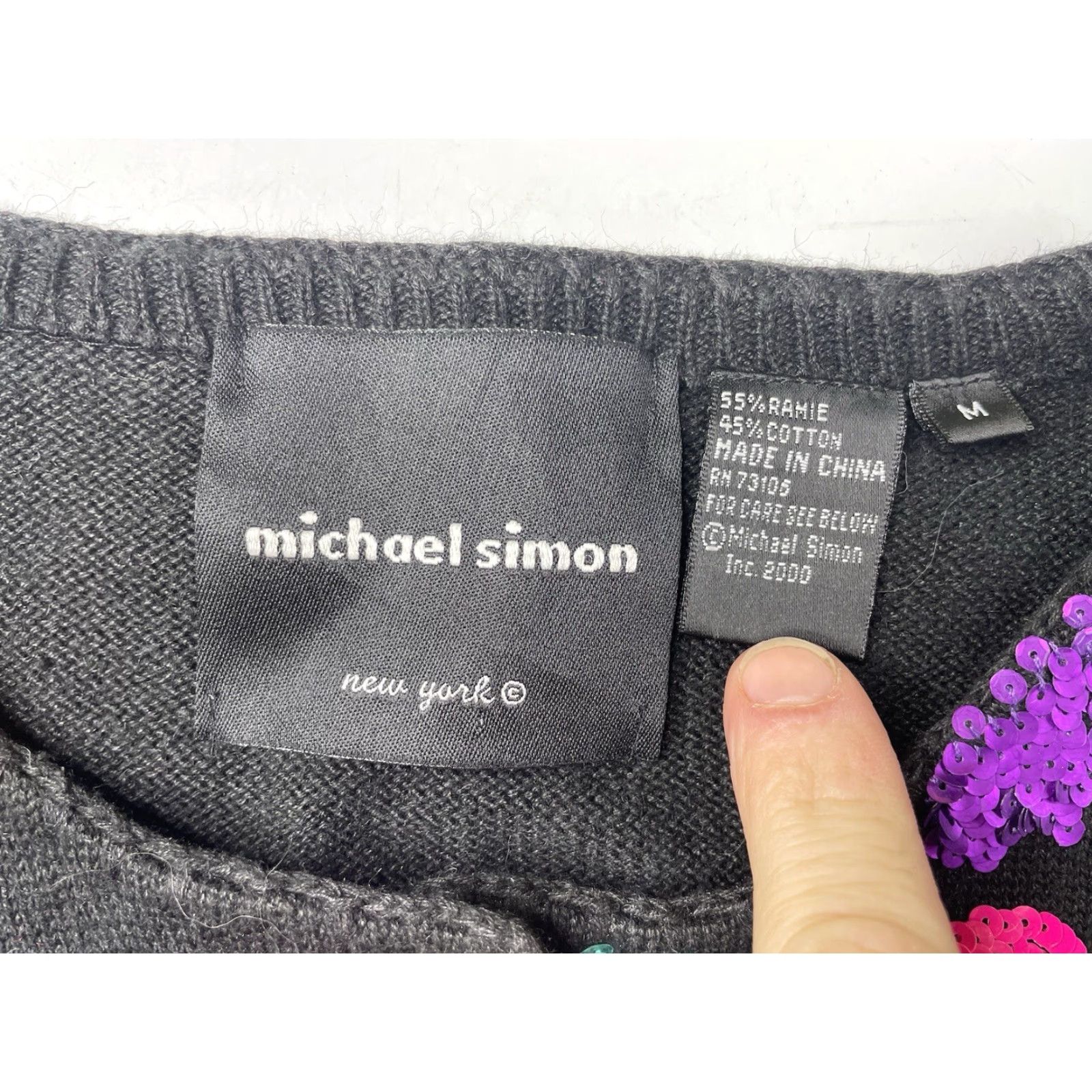 Simons VINTAGE Michael Simon Sequin Knit Sweater 3/4 Sleeve Black Medium Women Sweater Pullover Christmas USA Embellished Beaded Embroidered Sequin Size M / US 6-8 / IT 42-44 - 3 Thumbnail
