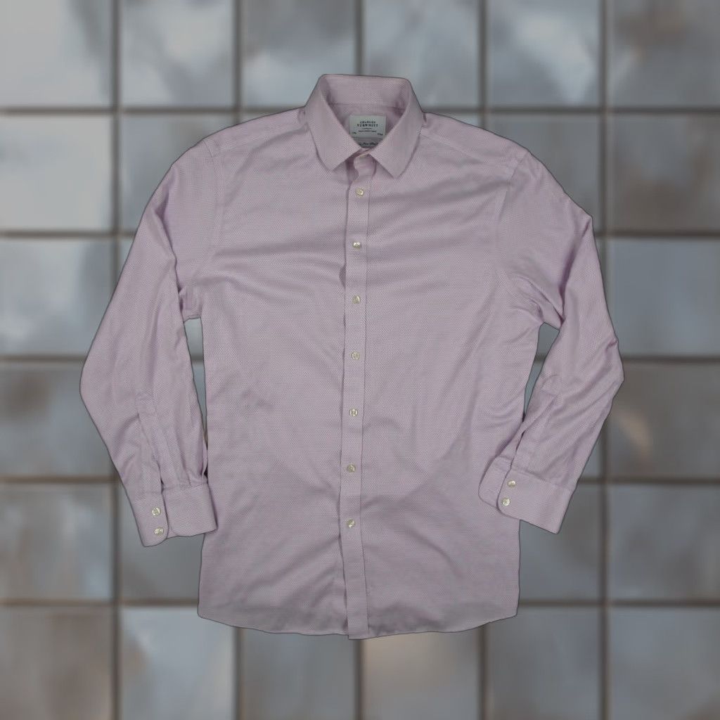 Charles Tyrwhitt Charles Tyrwhitt Shirt Mens 17/35 Pink Non Iron Slim Fit Dress Long Sleeve Micro Geometric Shirt Size 34R - 1 Thumbnail