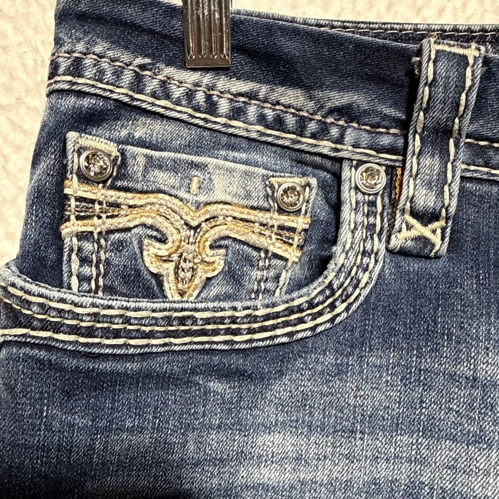 Vintage Rock Revival Yui Jeans Women Bootcut 5-Pocket Bling Stitches Mid Rise Blue 38x31 Size 24" / US 00 / IT 34 - 2 Thumbnail