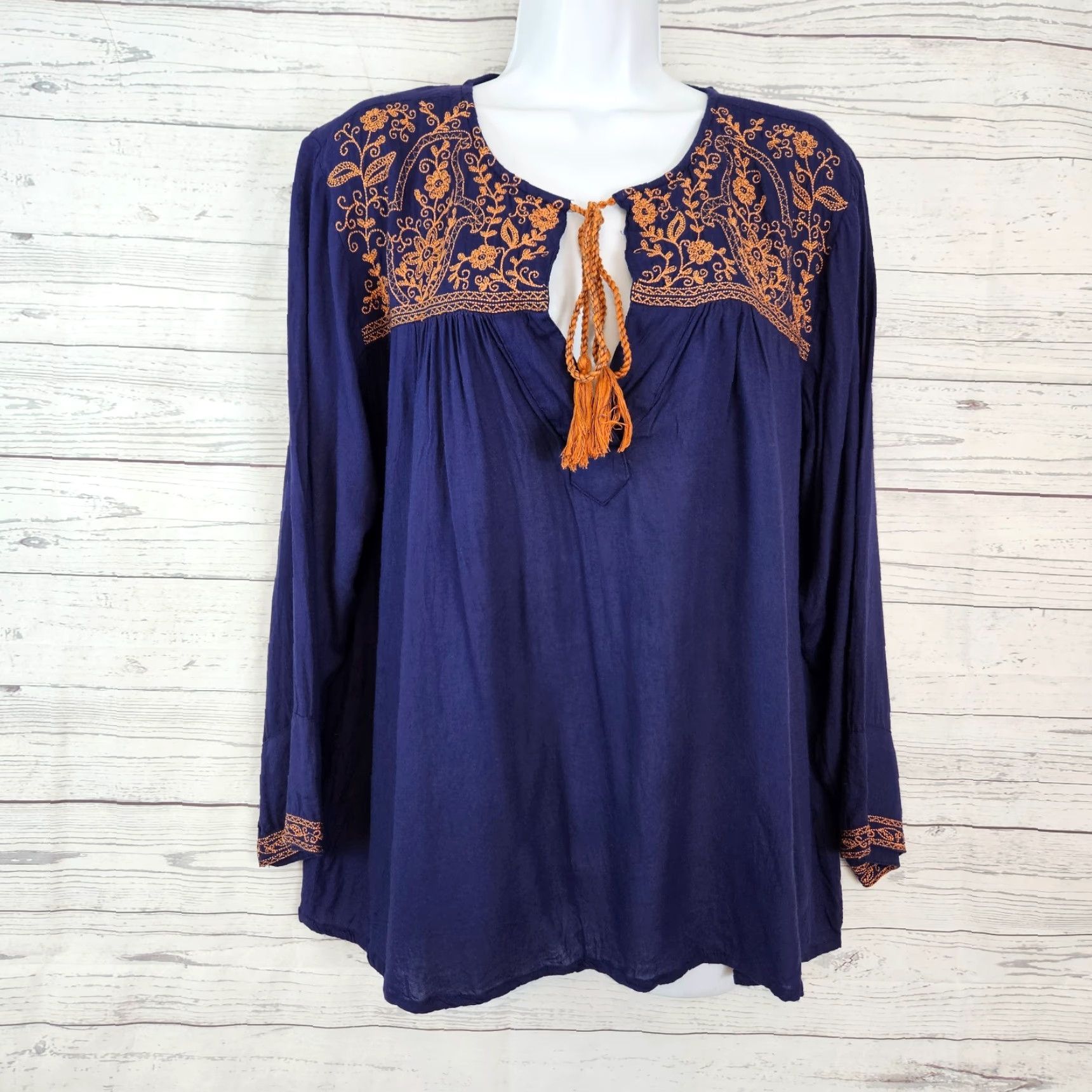 Vintage Sacred Threads Blouse Women XL Blue Embroidered Long Sleeve Rayon Womens Size XL / US 12-14 / IT 48-50 - 2 Thumbnail