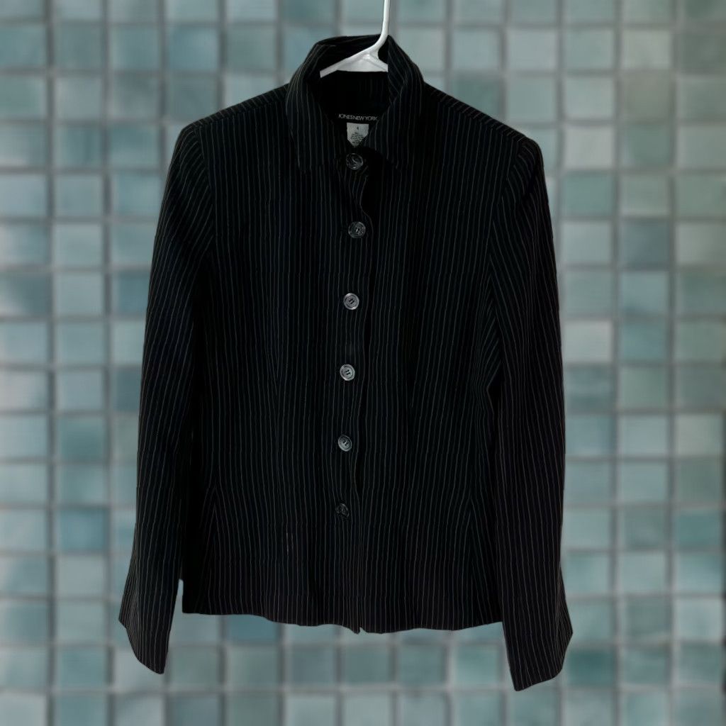 Jones New York Jones New York Womens Jacket Striped Black Button Front Size 4 | Casual Classic Coat 65% Acetate 33% Polyester Lined 100% Acetate Size S / US 4 / IT 40 - 1 Thumbnail