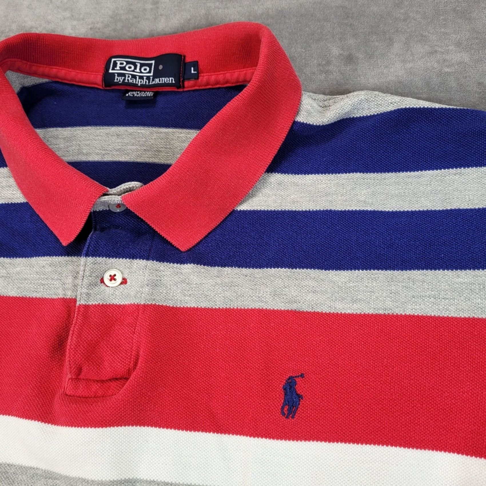 Polo Ralph Lauren Polo Ralph Lauren Mens Large Red Blue Gray Striped Short Sleeve Polo Shirt L Size US L / EU 52-54 / 3 - 2 Thumbnail