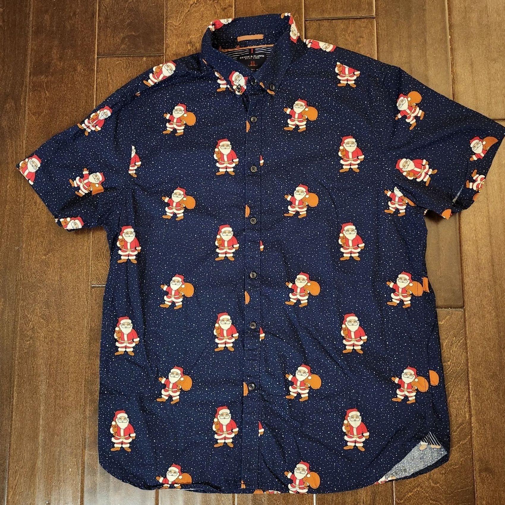 Denime Denim & Flower Button-Down Short Sleeves Santa Claus Graphic Print Denim Shirt Mens Large Blue Size US 33 - 2 Thumbnail