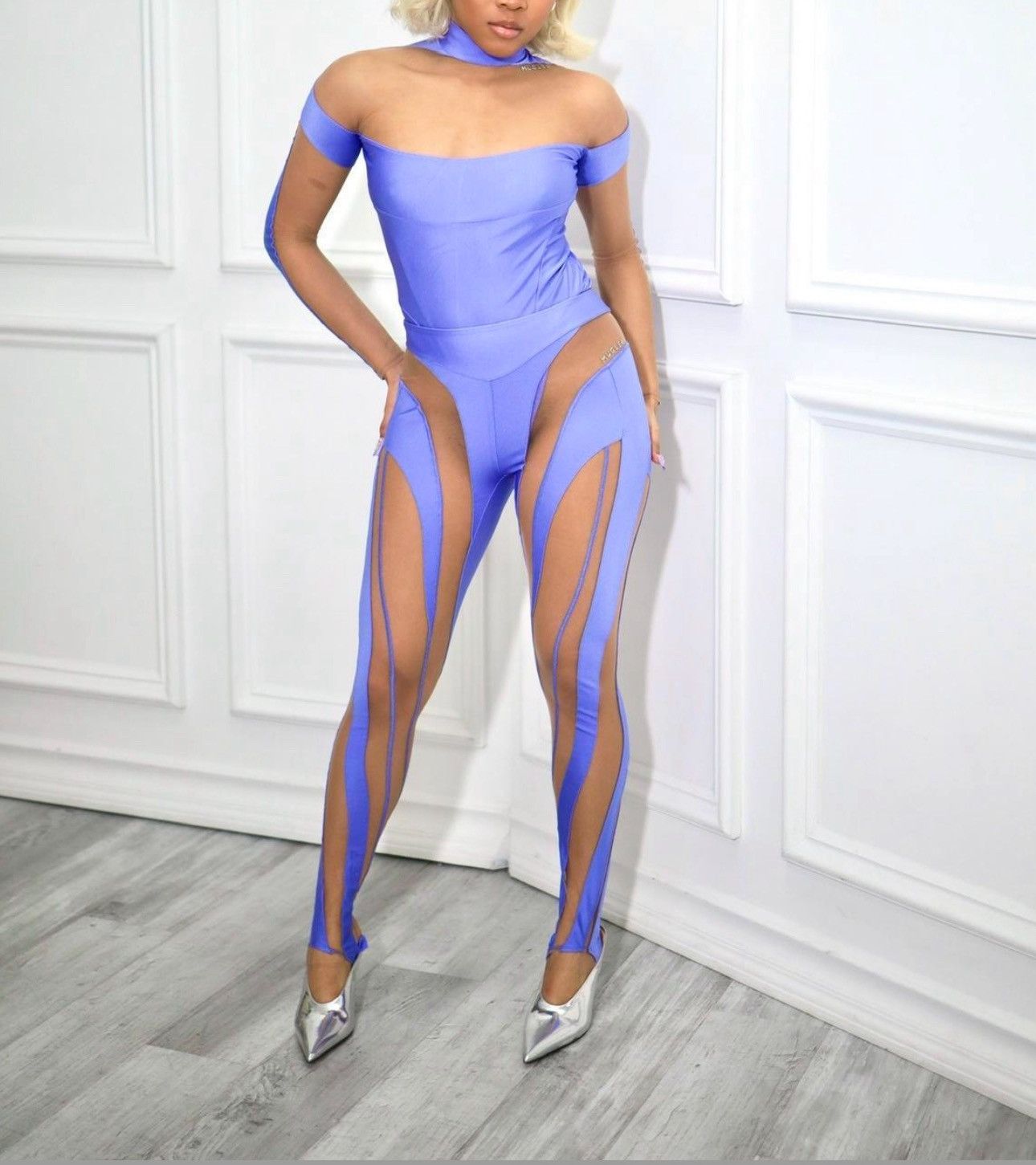 MUGLER lilac purple mesh illusion bodysuit & leggings.