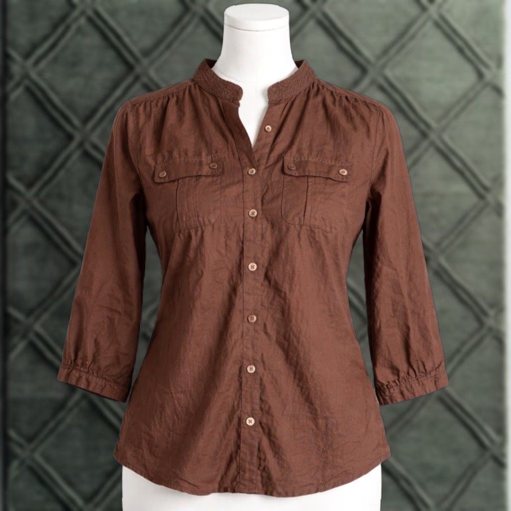 Vintage Chico’s Button-Up Shirt Brown Cotton 3/4 Sleeve Small Chico’s 0 Women Regular Size Small Button-Up Casual Knits Lightweight Pockets Size S / US 4 / IT 40 - 1 Thumbnail