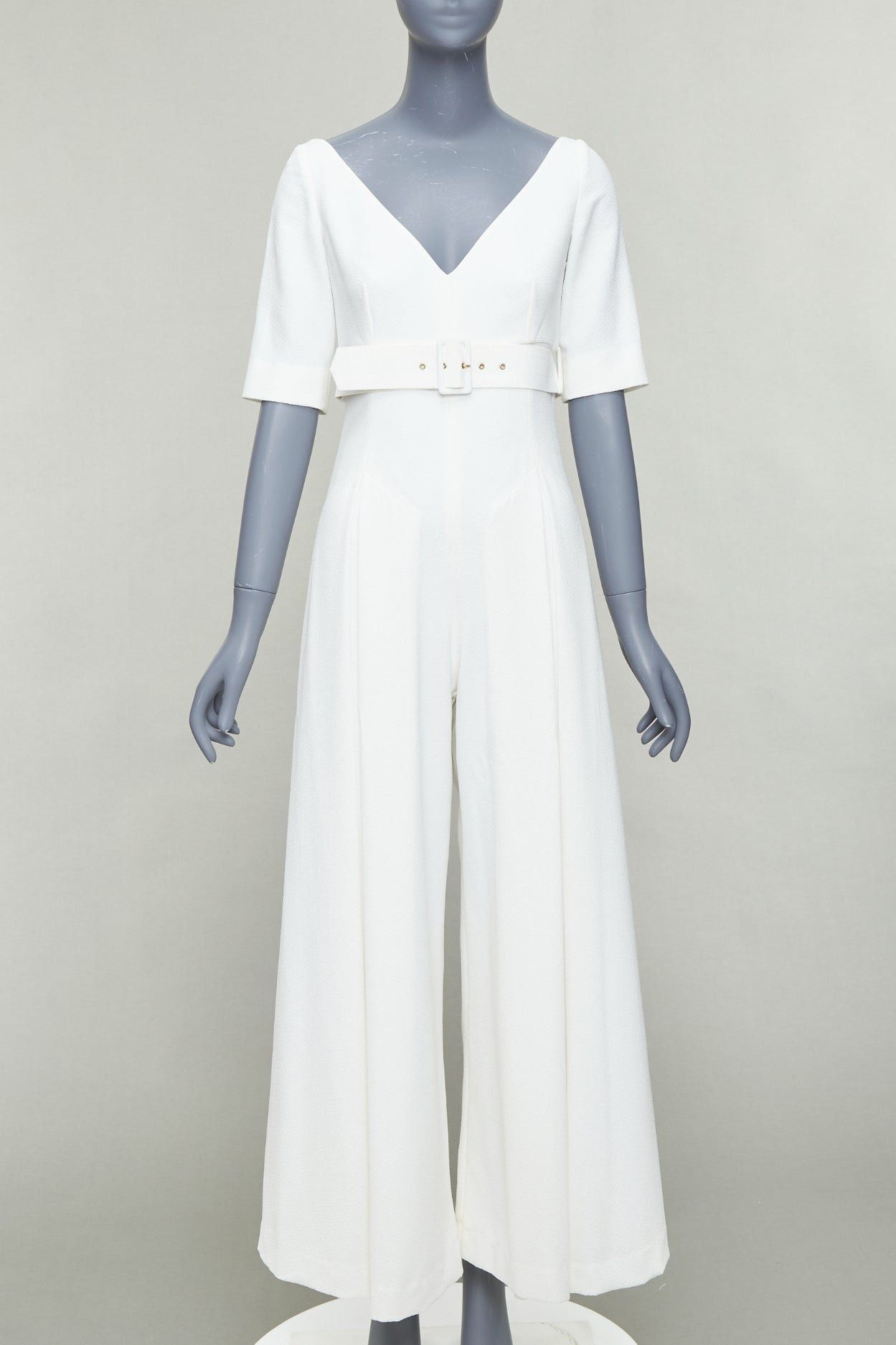 Emilia Wickstead EMILIA WICKSTEAD cream cloque wide leg v neck belted jumpsuit UK8 S Size 27" / US 4 / IT 40 - 1 Thumbnail