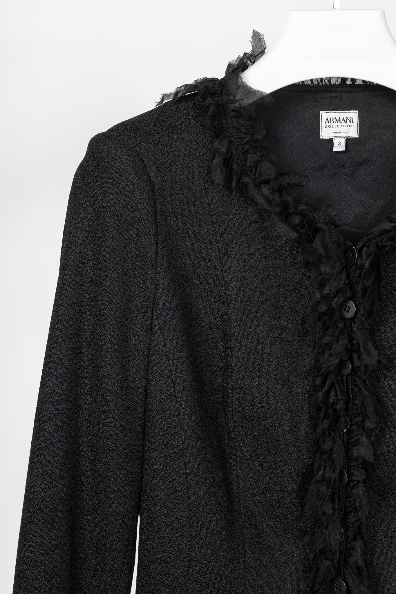 Armani Collezioni Armani Collezioni Black Crepe Silk-Fringe Jacket Size M / US 6-8 / IT 42-44 - 5 Thumbnail