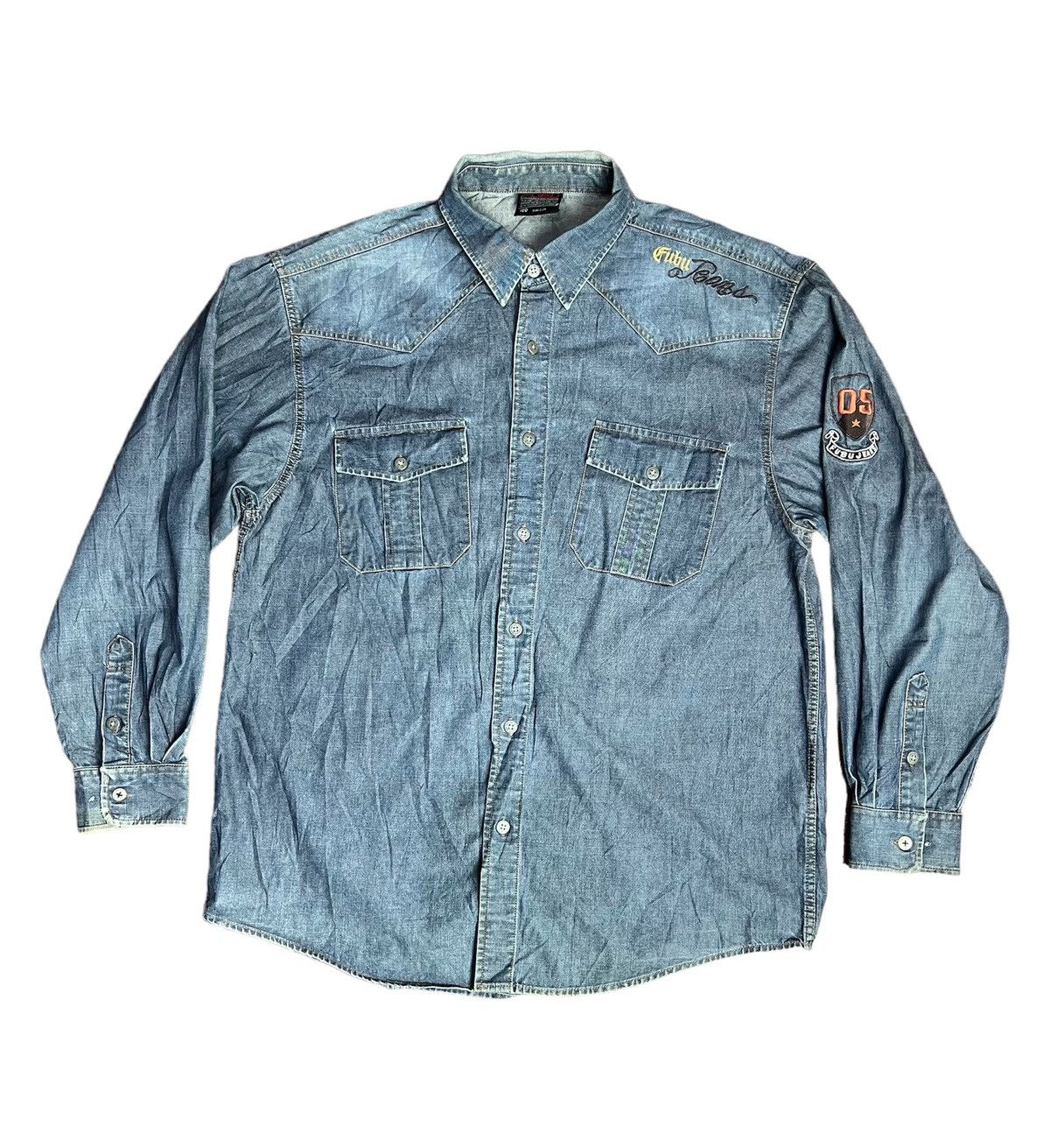 image of Distressed Denim x Fubu Vintage Y2K Fubu The Collection Denim Button Up Shirt in Blue Jean (Size Me