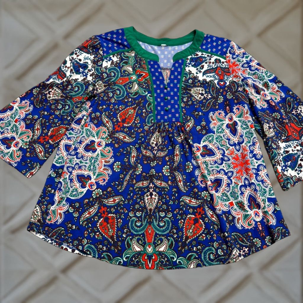 Bell Paisley Peasant Blouse Top Womens XL Blue Multi Bell Sleeve Bohemian Casual Size XL / US 12-14 / IT 48-50 - 1 Thumbnail