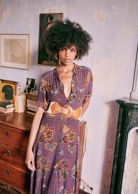 Sezane Doha Floral Print Midi Shirt Dress Boho Luxury, Women's (Size Xs)