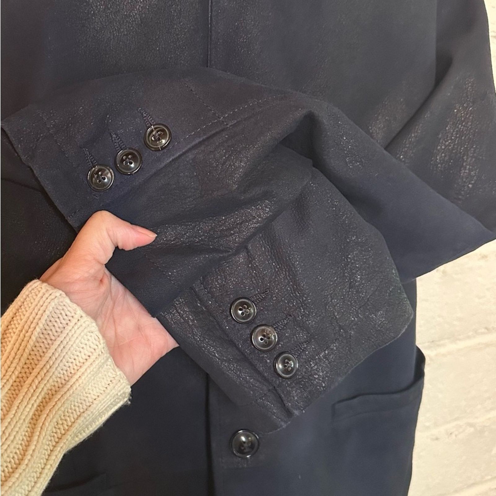 John Varvatos Burnished Suede Jacket size XL Dark Navy Shawl Collar Button Size US L / EU 52-54 / 3 - 5 Thumbnail