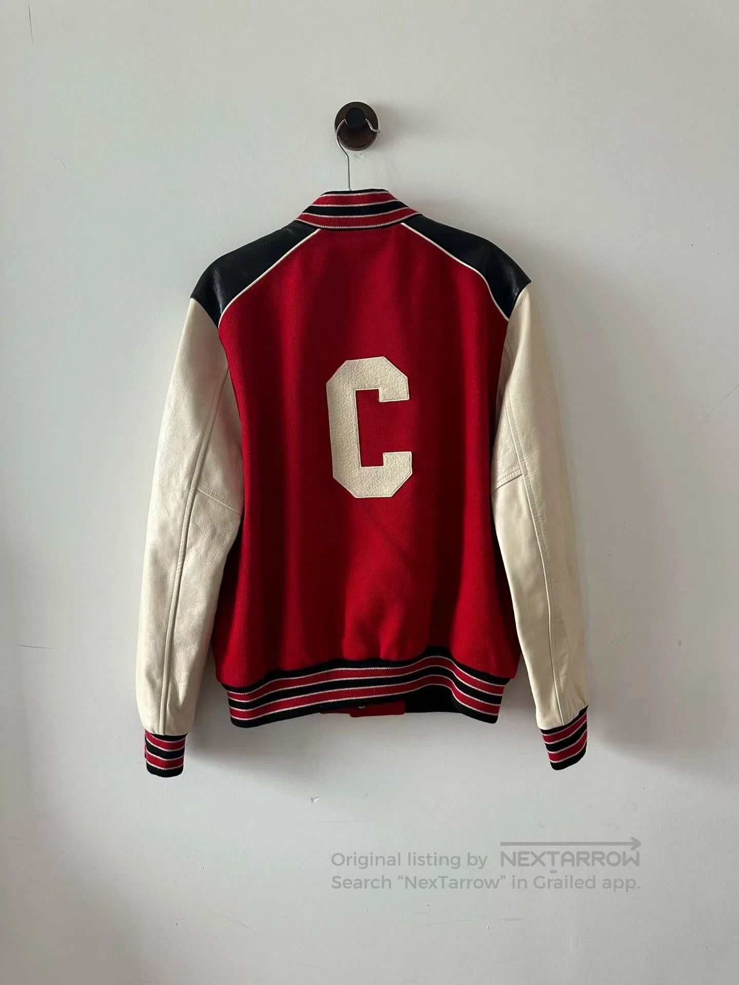 Celine CELINE Red and White Leather Patchwork Varsity Jacket| Size L / US 10 / IT 46 - 2 Thumbnail