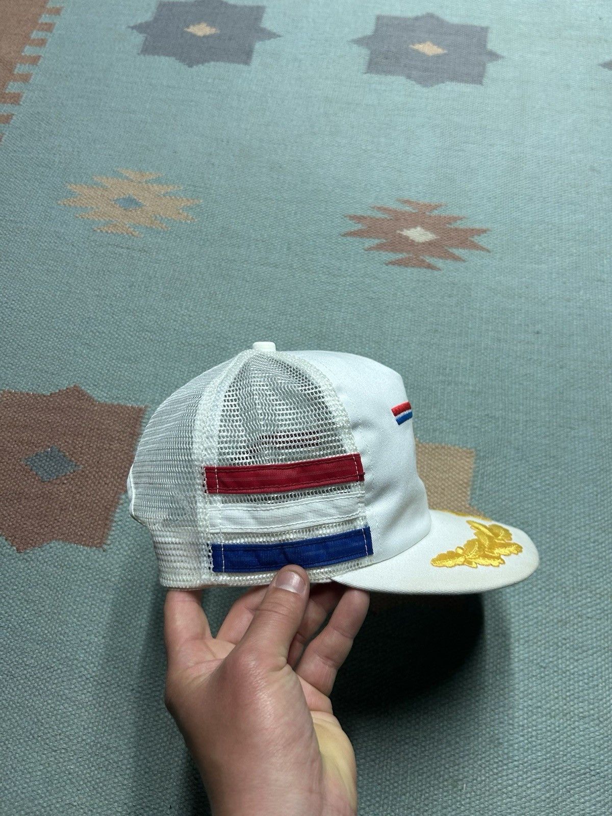 Vintage Vtg 80s trucker hat Amoco racing 3 three stripe USA red blue Size ONE SIZE - 4 Thumbnail