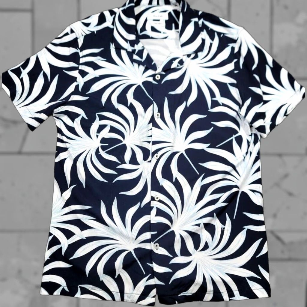 ASH Porter & Ash Kinetic Stretch Button Up Camp Nylon Floral Shirt Mens M Blue White Short Sleeve Collared Button-Up Size US M / EU 48-50 / 2 - 1 Thumbnail