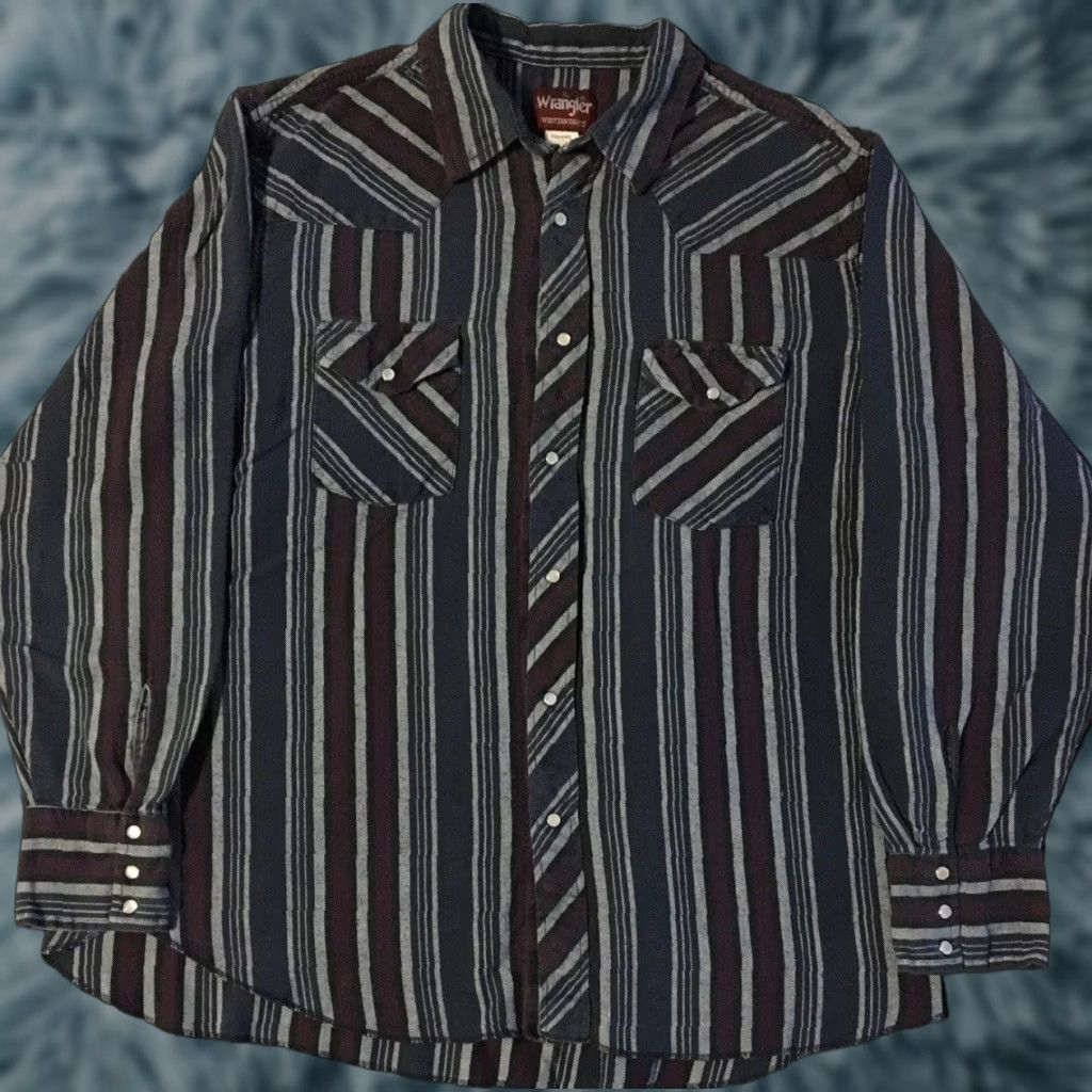 Wrangler VINTAGE Wrangler Striped Pearl Snap Shirt Western Cowboy Rodeo Aztec Grunge 90s XL Blue Cotton Button-Up Mens Size US XL / EU 56 / 4 - 1 Thumbnail