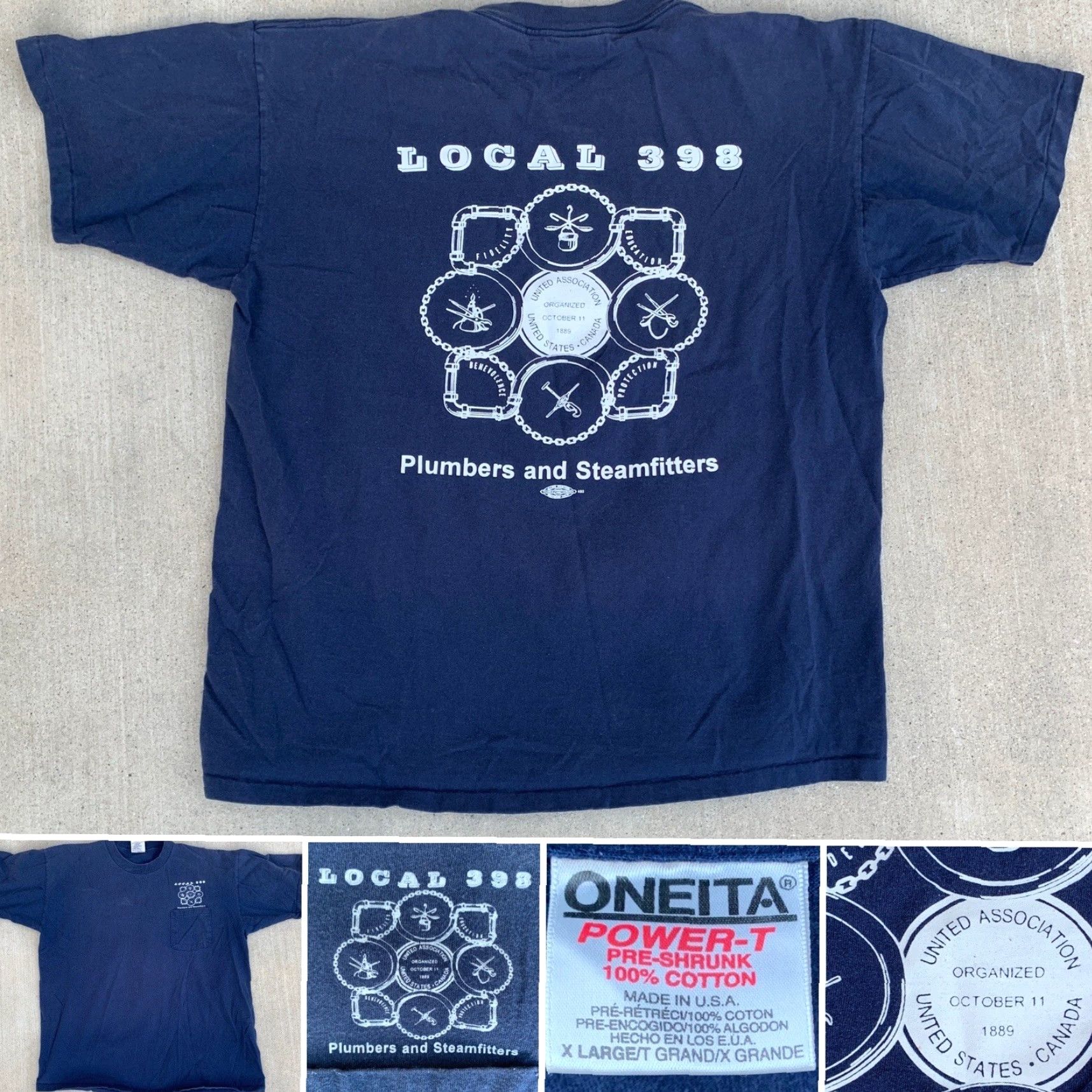 Vintage VINTAGE Oneita Local 398 Plumbers and Steamfitters Pocket T Shirt Short Sleeve Size XL Blue Cotton Mens Size US XL / EU 56 / 4 - 2 Thumbnail