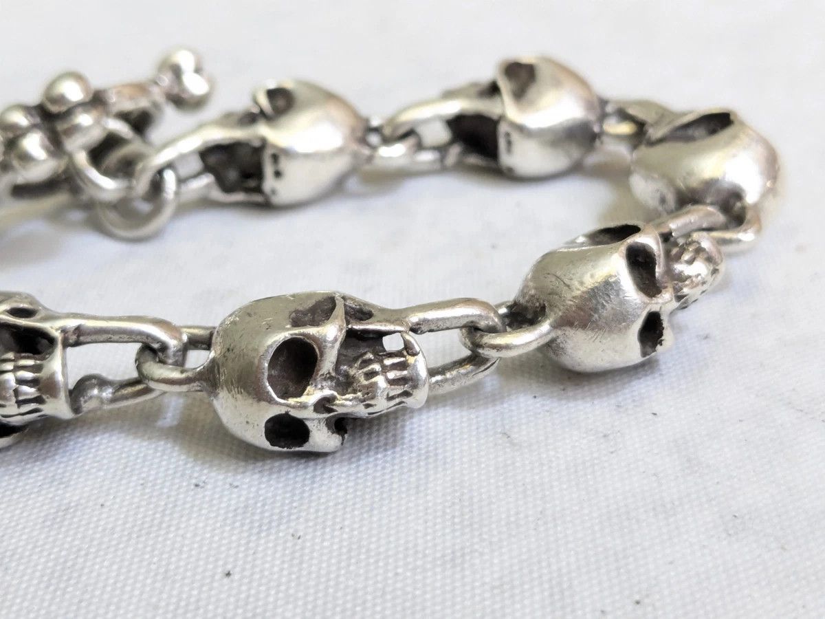 Jewelry Vintage Sterling Silver Skull Bracelet 7.5" Skeleton Mexico Size ONE SIZE - 10 Thumbnail