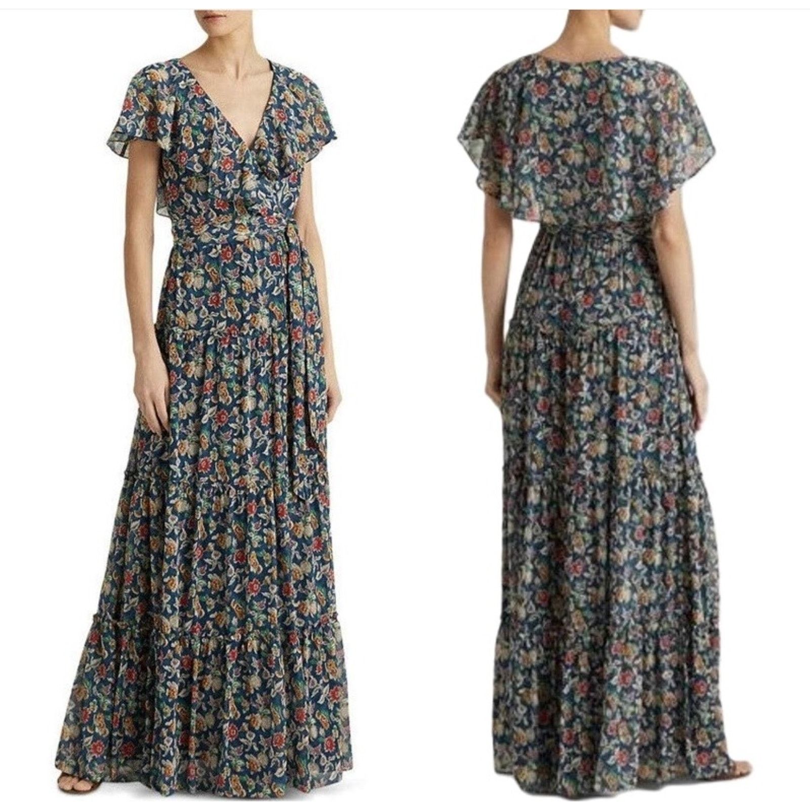 Image of Lauren Ralph Laurent Women Georgette Maxi Summer Dress Size 2 in Blue