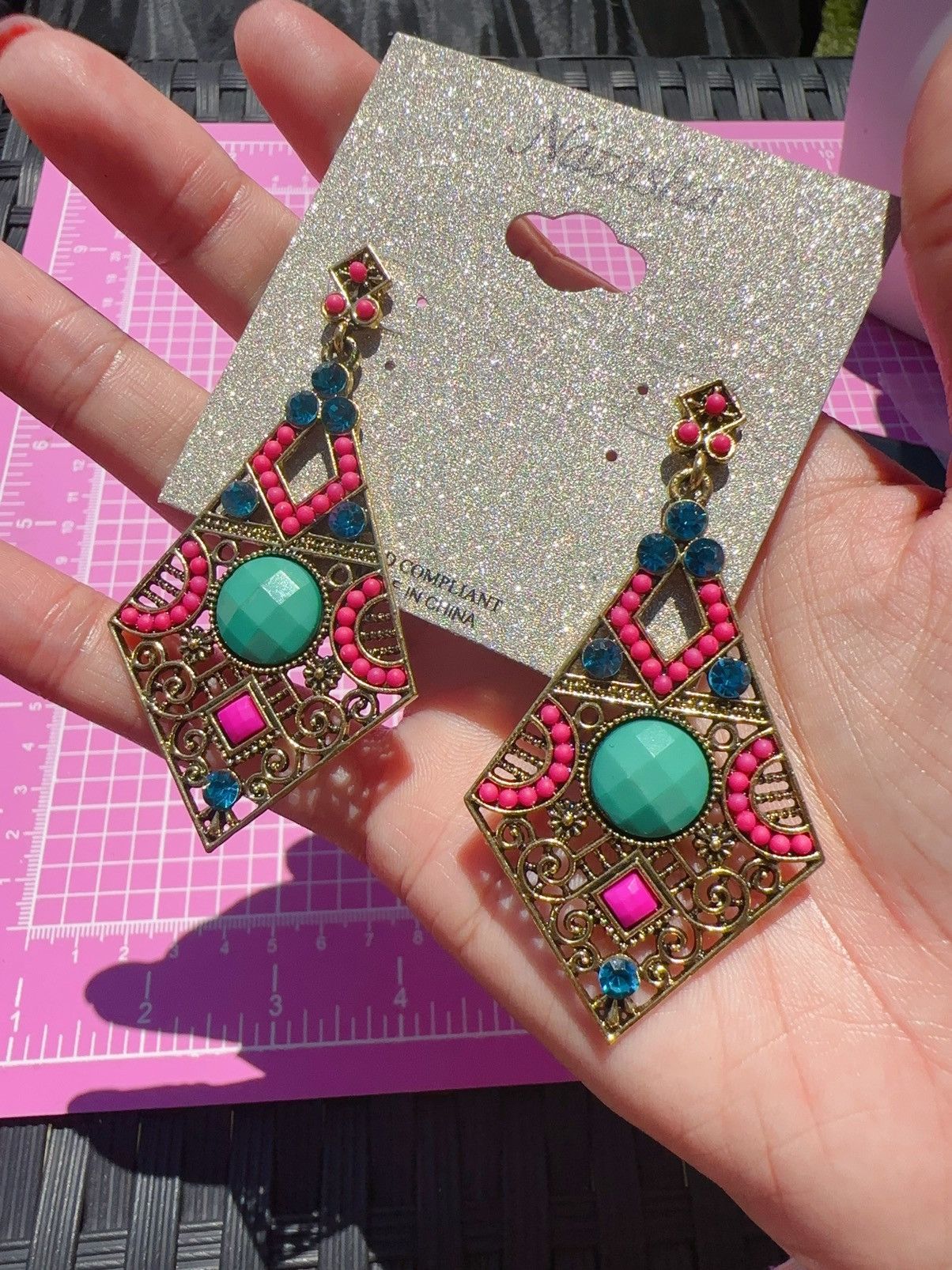 Designer Natasha Earrings Dimond shaped multicolor crystal Beads Size ONE SIZE - 2 Thumbnail
