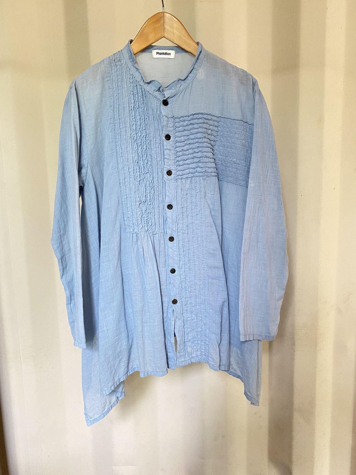 Issey Miyake Plantation Light Blue Pintuck Mandarin Collar Shirt Size ONE SIZE - 18 Thumbnail