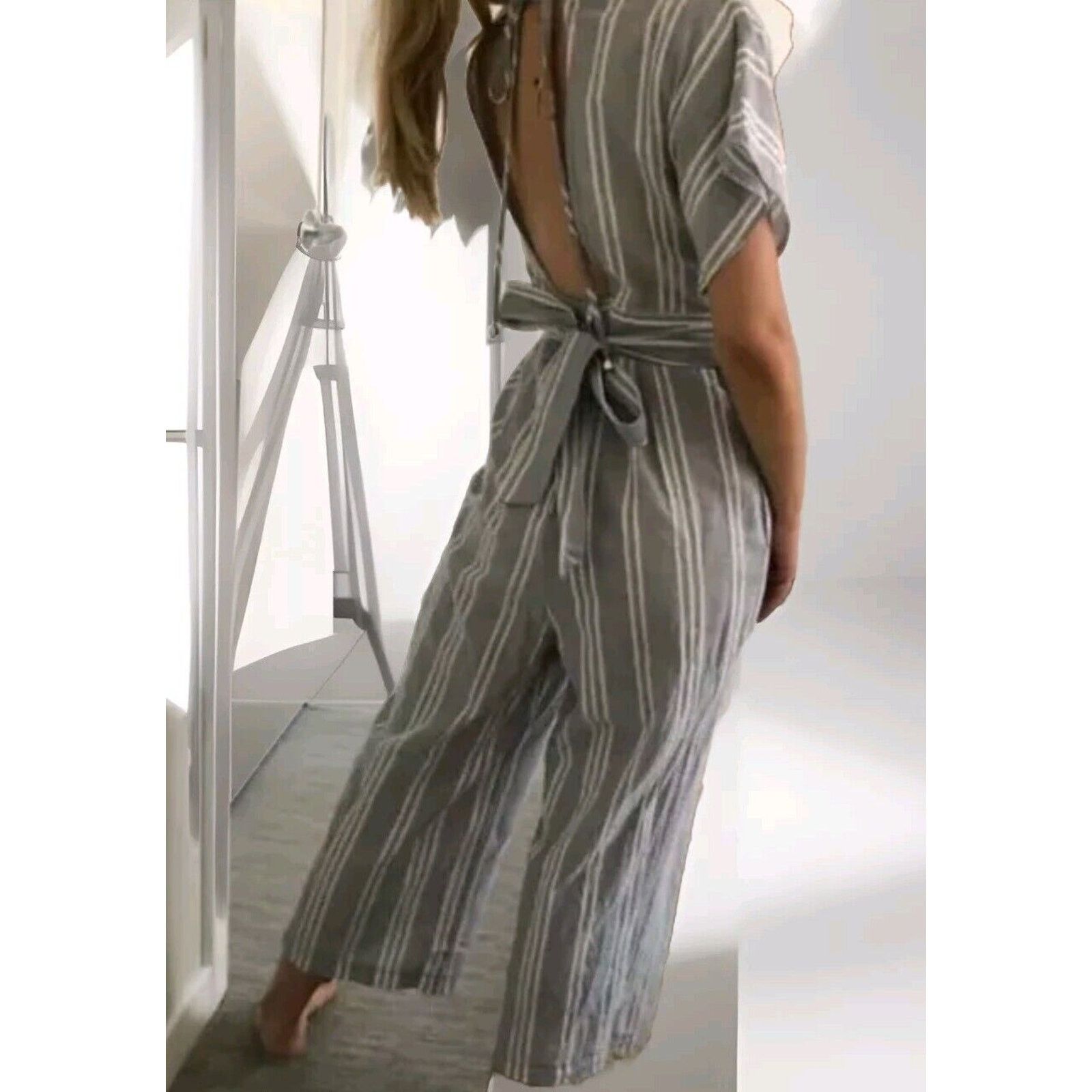 Zara Deep V Jumpsuit Romper Blue Stripe Open Back Wide Leg XS 3 Size 24" / US 00 / IT 34 - 9 Thumbnail