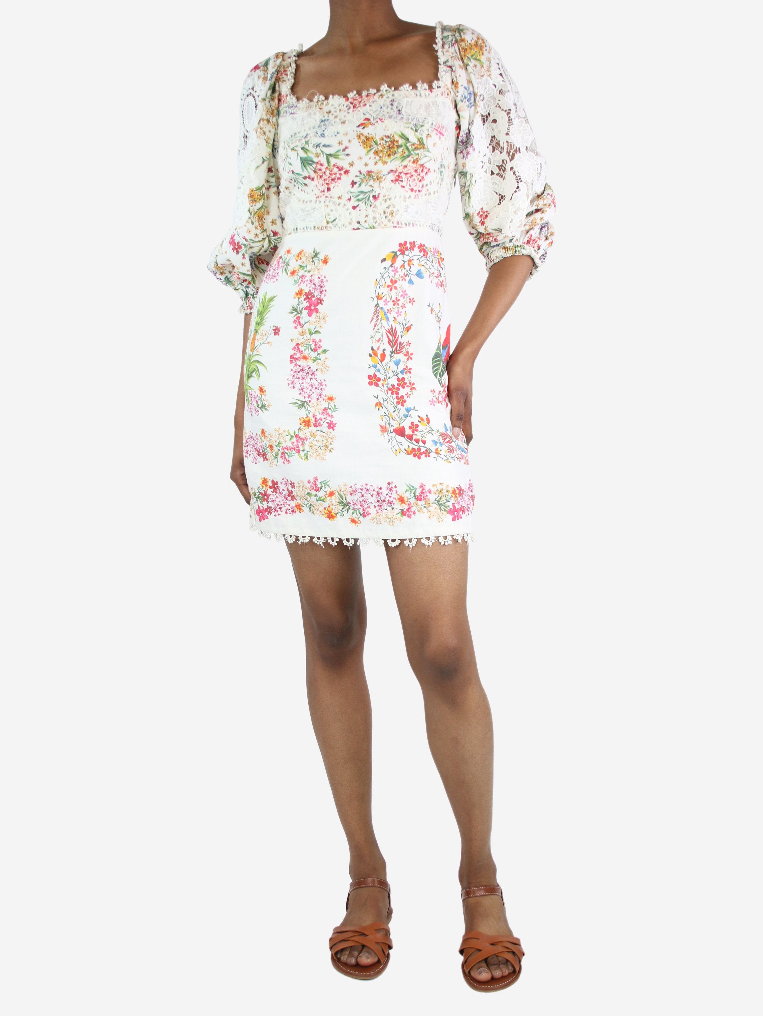 Image of Farm Rio White Puff-Sleeved Embroidered Floral Dress - Size Xs, Women's