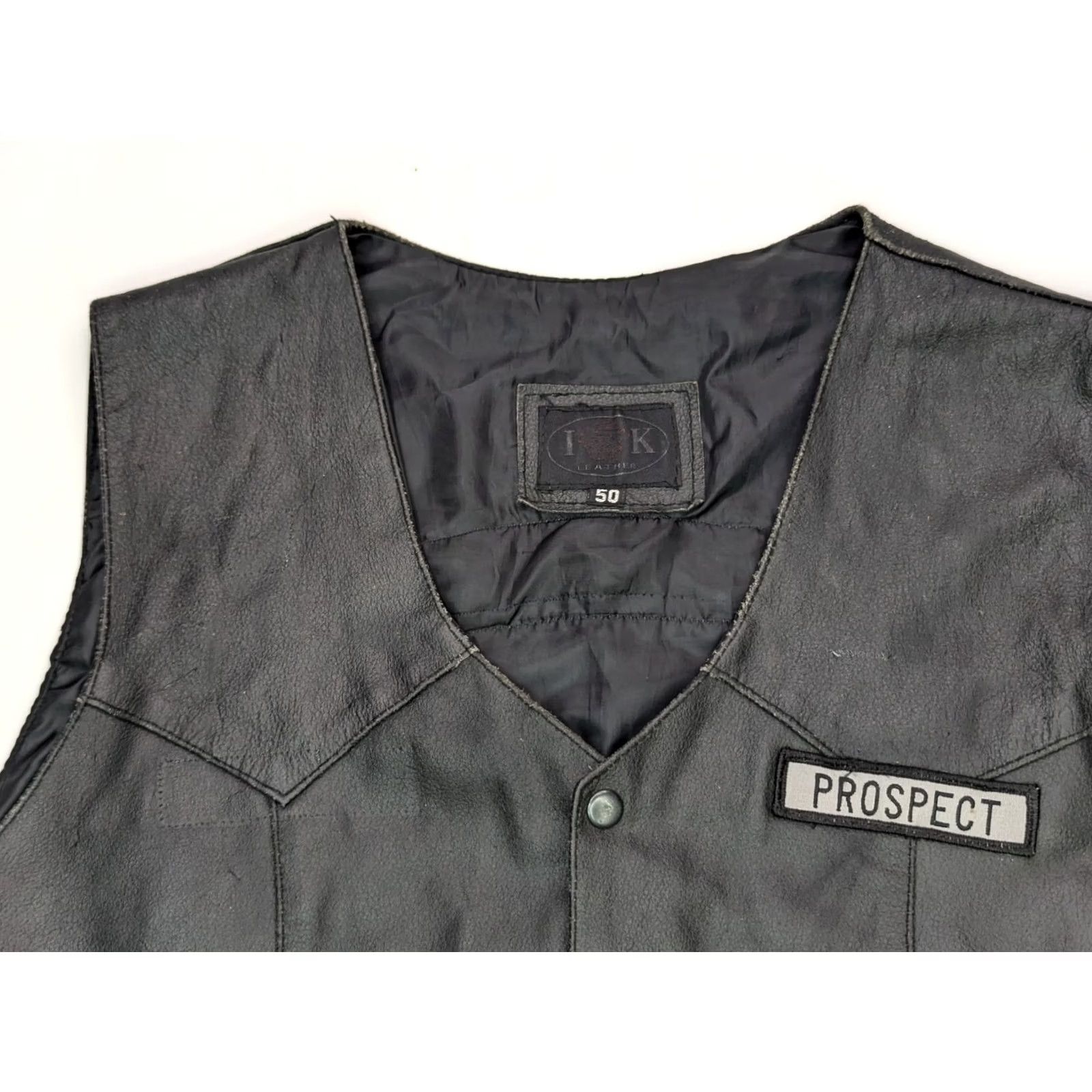 Vintage IK VTG Leather Motorcycle Riding Vest Men 50 Black Lace Pocket Snap Front Mid-Length Vest Mens Leather IK Size US M / EU 48-50 / 2 - 3 Thumbnail
