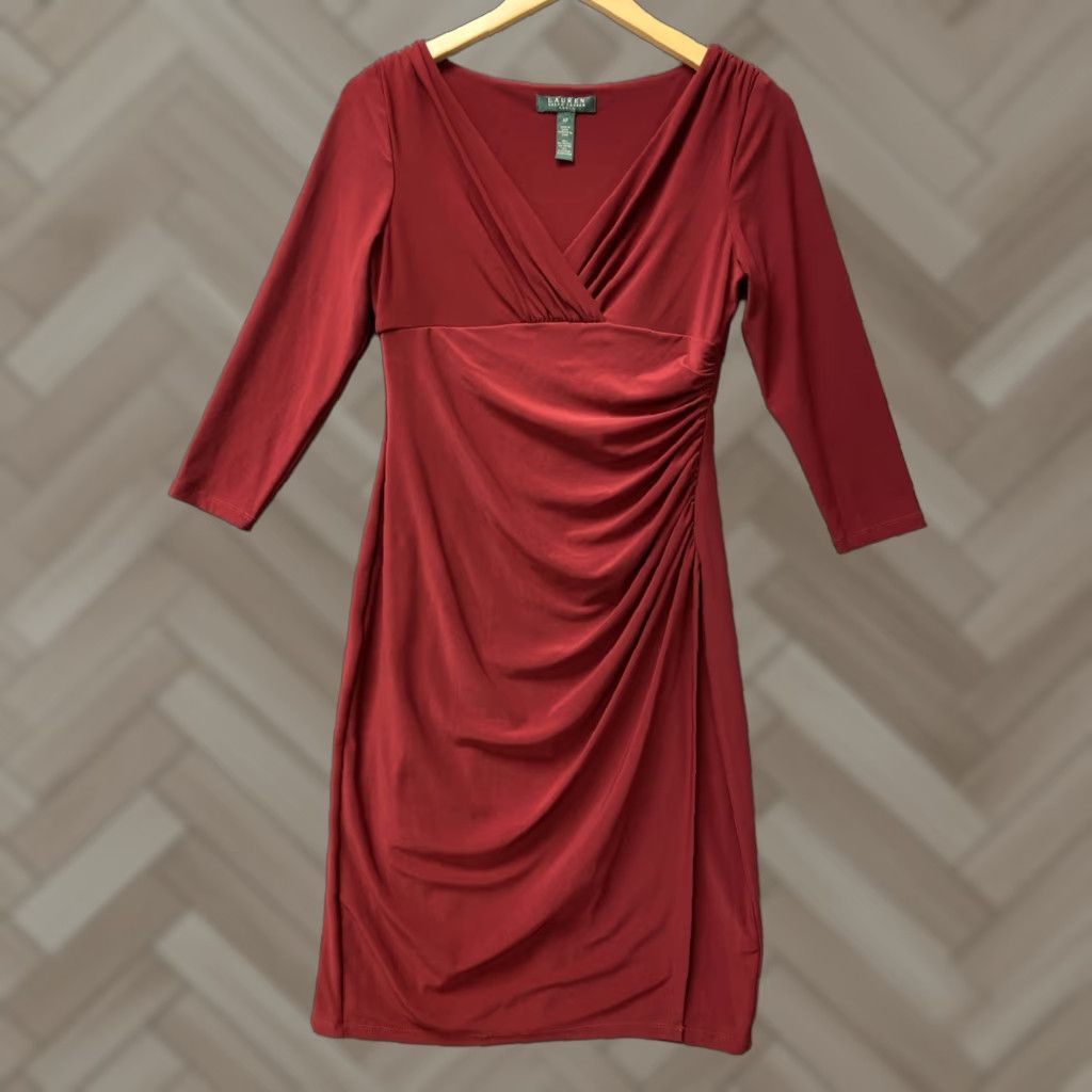 Ralph Lauren Ralph Lauren Dress 4P Stretch Wrap Top Ruched Waist Red Professional 158-14 Size S / US 4 / IT 40 - 1 Thumbnail