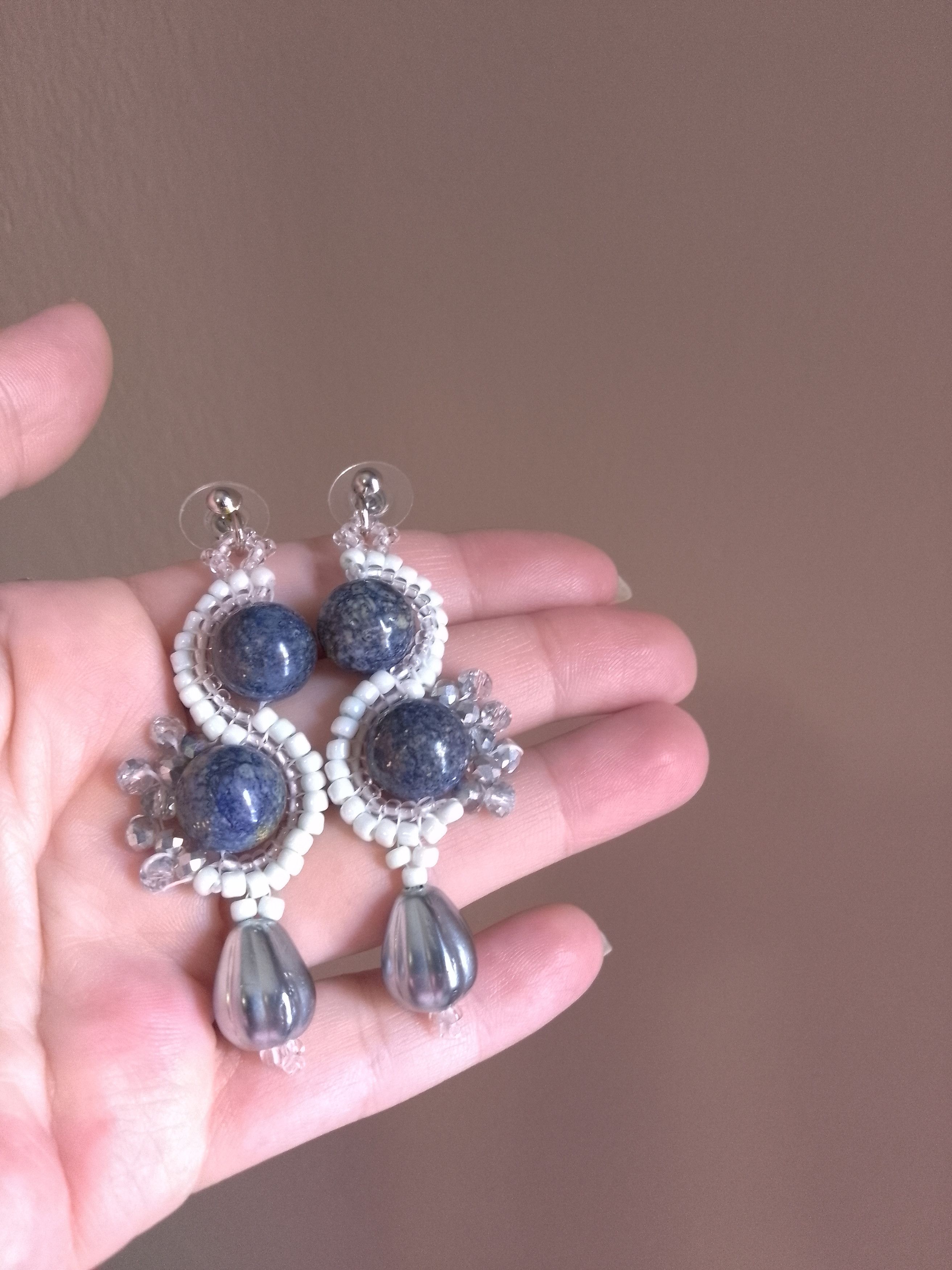 Handmade Earrings with Lapis lazuli gemstones and resin teardrop Size ONE SIZE - 2 Thumbnail