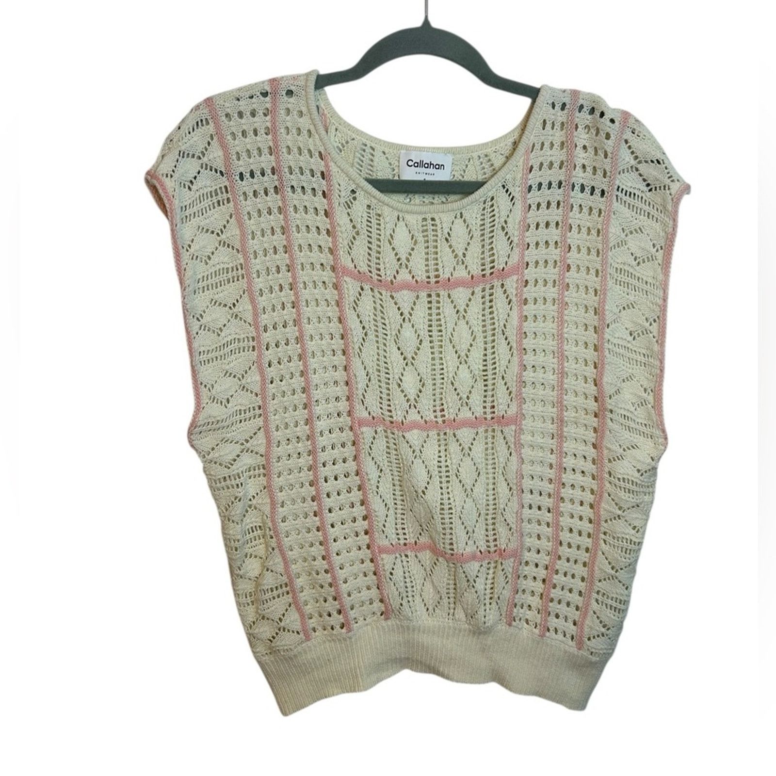 Callahan Knitwear Cream Baby Pink Crochet Knit Sweater Vest
