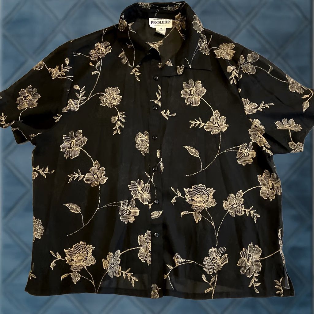Pendleton VINTAGE Pendleton Floral Blouse Hawaiian Button Up Size 18 Black Tan Women Size XXL / US 16-18 / IT 52-54 - 1 Thumbnail