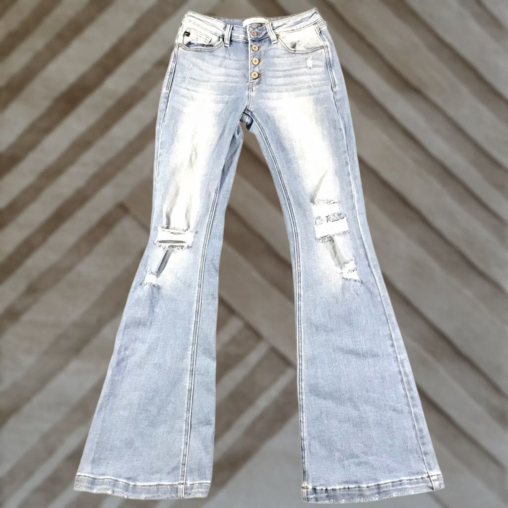 Vintage KanCan Womens High Rise Flare Jeans Light Wash Button Fly Distressed Boho 5-Pocket Denim Blues Women's Jeans Size 30" / US 8 / IT 44 - 1 Thumbnail