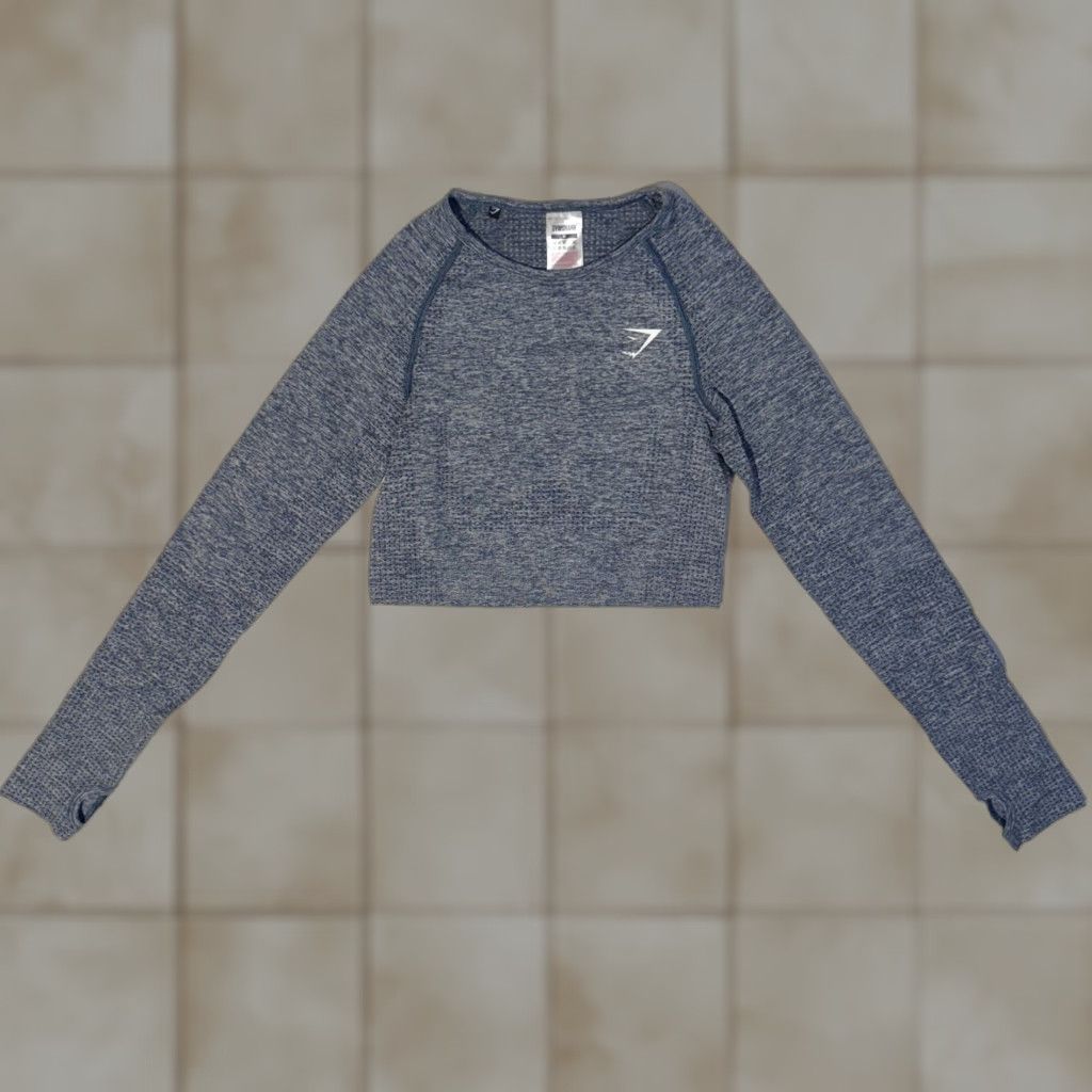 Gymshark GYMSHARK Vital Seamless Long Sleeve Cropped Top M in Steel Blue Marl - Gymshark Sports Crew Neck Pullover T-Shirt Women CrossFit Activewear Sh mm Size M / US 6-8 / IT 42-44 - 1 Thumbnail