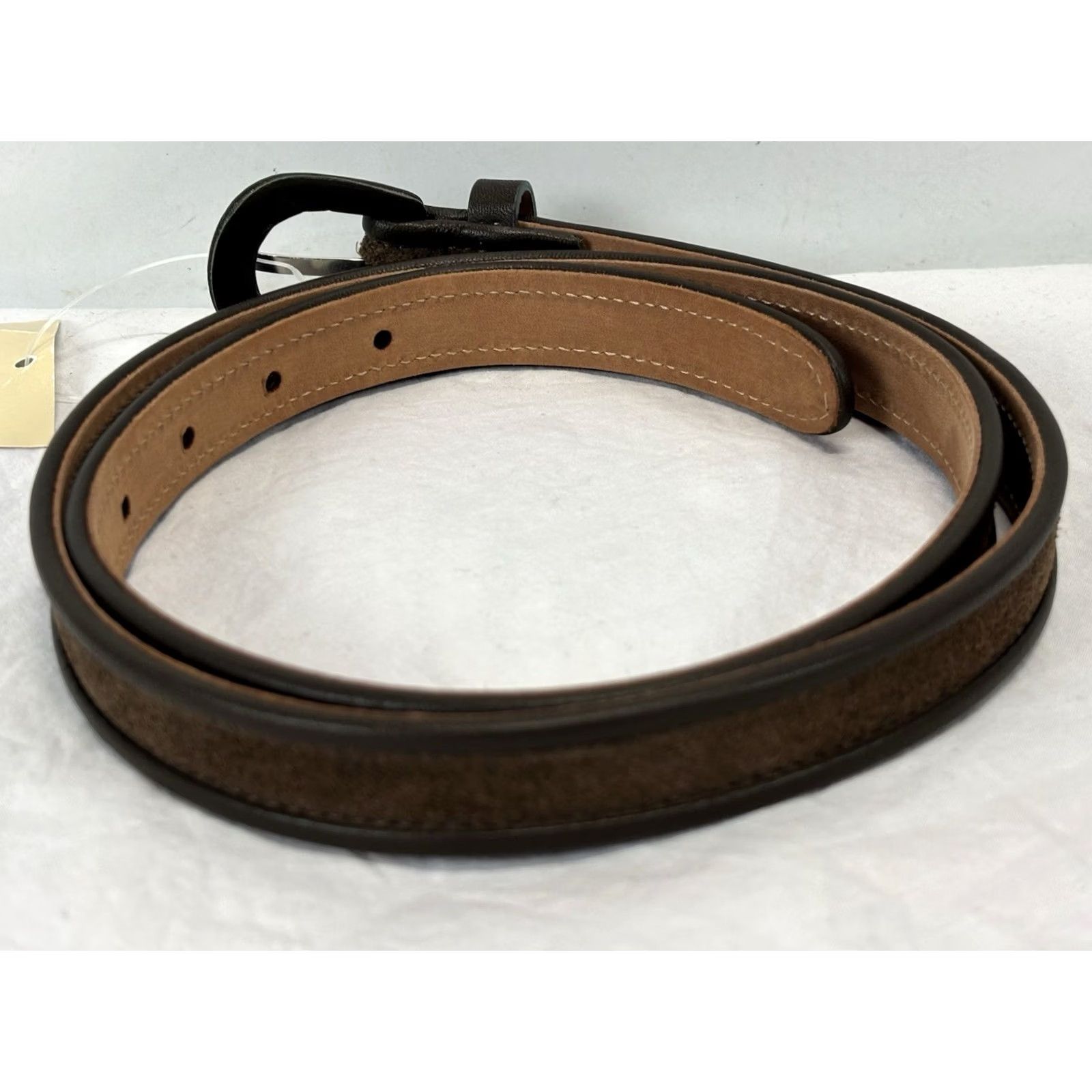 Vintage Tanner Leather Suede Narrow Belt Brown 32-36 Large Adult Italy Belt Woman Regular Size L Size ONE SIZE - 3 Thumbnail