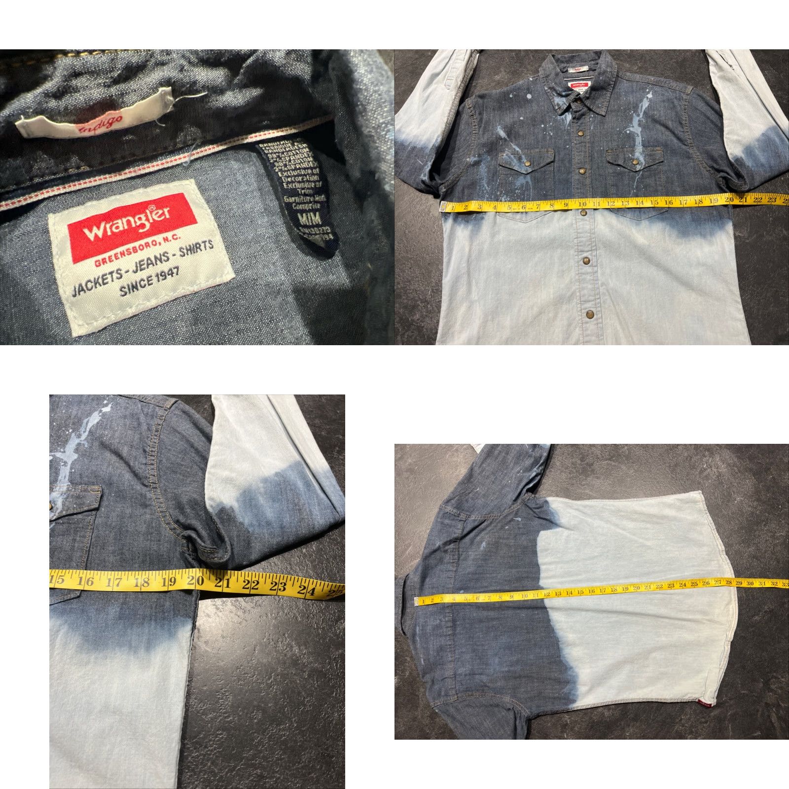 Wrangler Wrangler Indigo Denim Shirt Faded Acid Wash Pearl Snap Medium M Blue Denim Long Sleeve Button-Up Wrangler Mens Regular Pearl Snap Shirt M Size US M / EU 48-50 / 2 - 8 Thumbnail