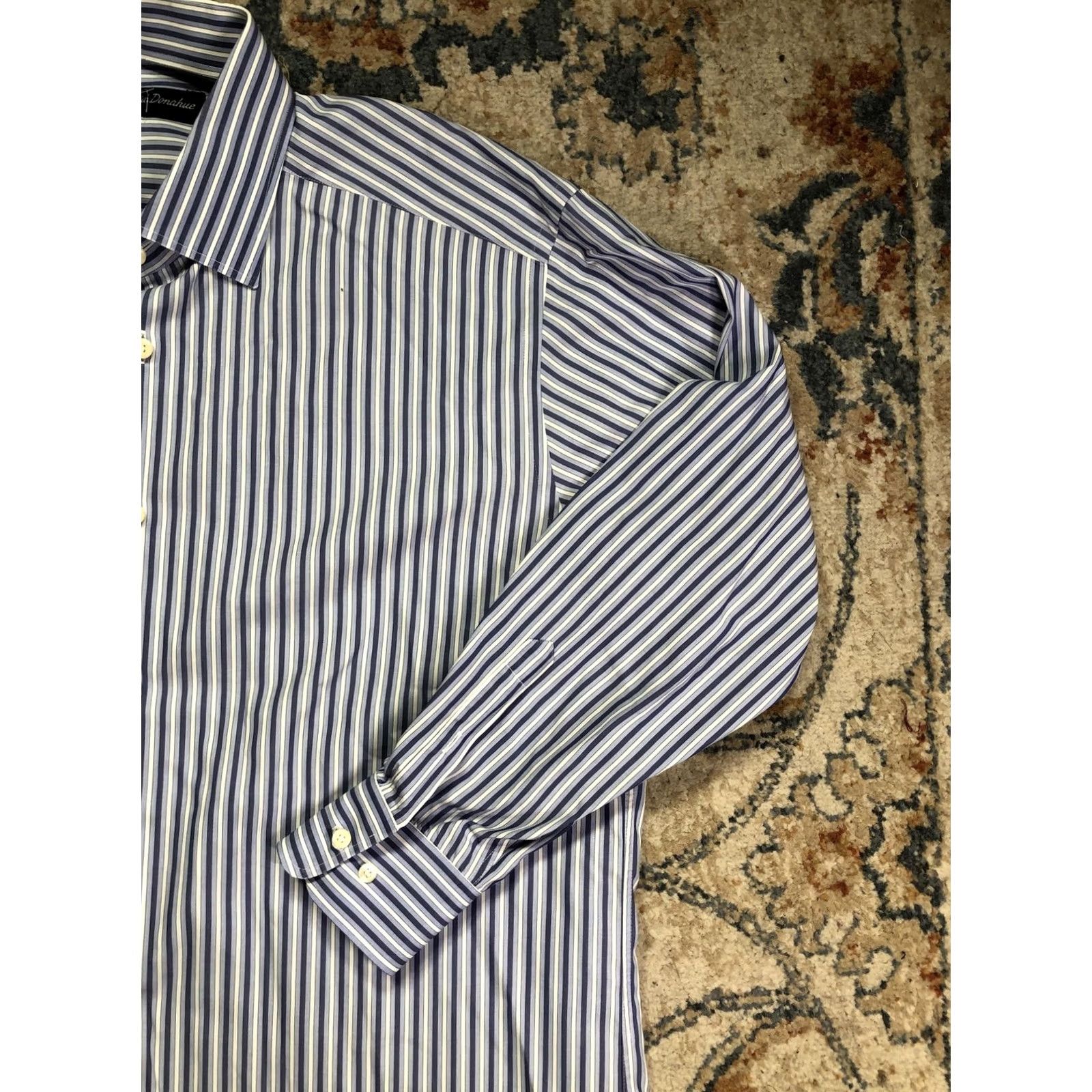 David Donahue David Donahue Dress Shirt Mens 16.5 32/33 Blue Stripe Long Sleeve Regular Fit Size 46R - 4 Thumbnail