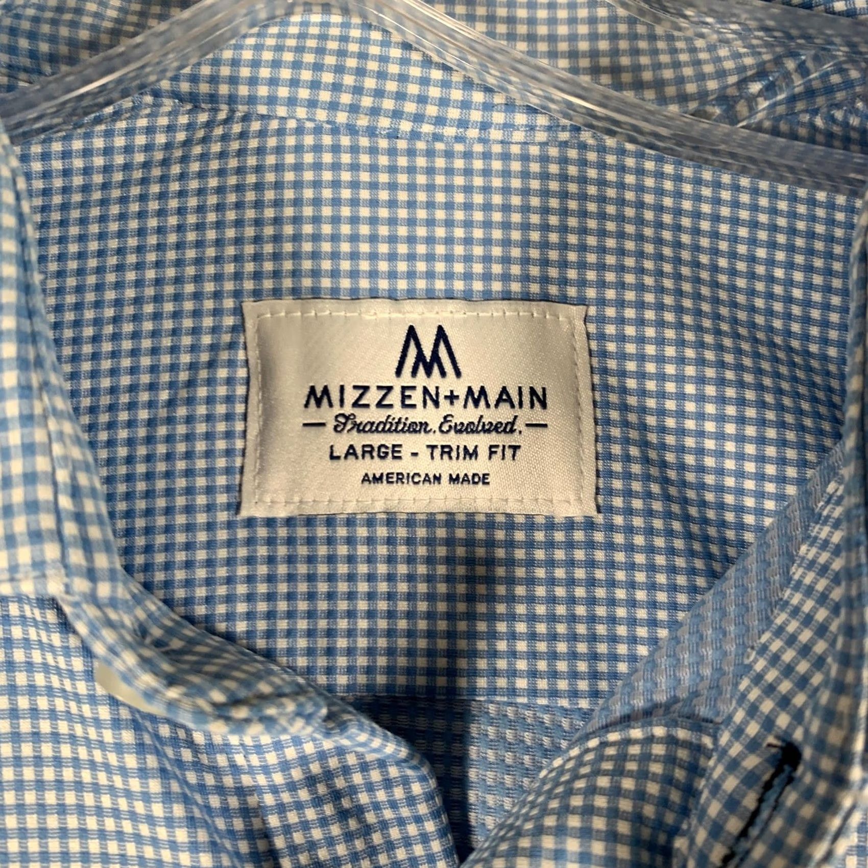 Mizzen+Main Mizzen+Main Dress Shirt Mens L Blue Gingham Trim Fit Non-Iron Stretch USA Shirt Size 42R - 4 Thumbnail