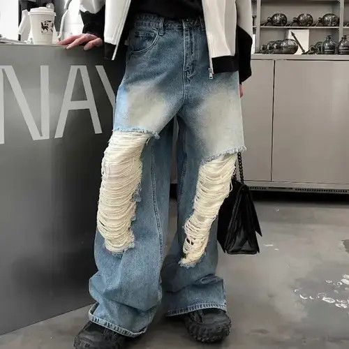 Jean Baggy distressed ripped wide leg y2k jeans Size US 34 / EU 50 - 1 Thumbnail
